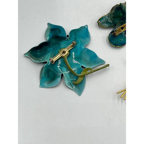 Set of three Floral Flower Mixed Brooch Wearable Lot Jewelry Blue Teal Gold tone - Picture 5 of 10